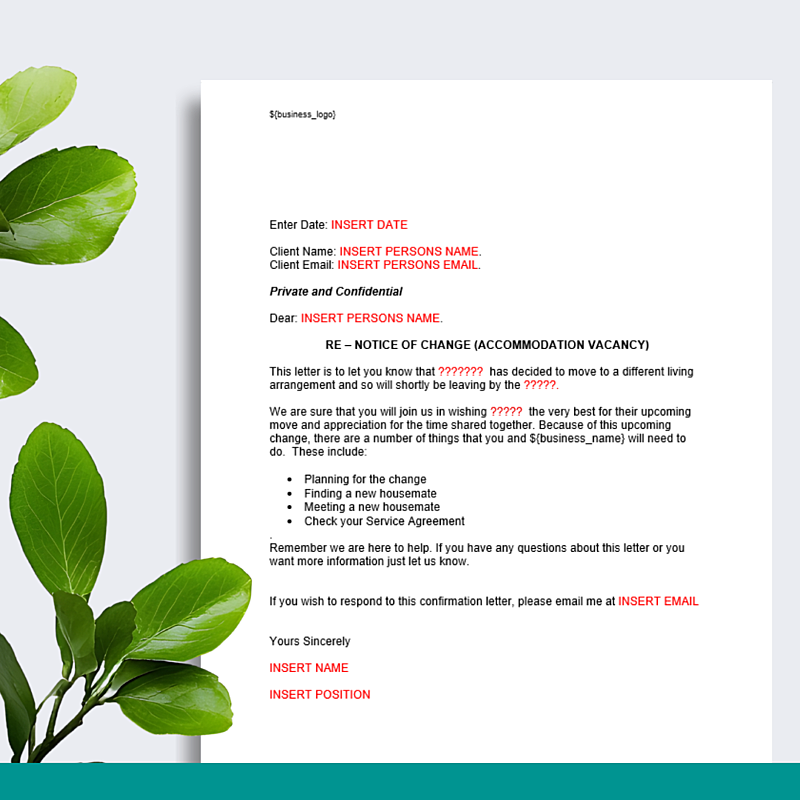 Vacancy Letter - Notice of Change